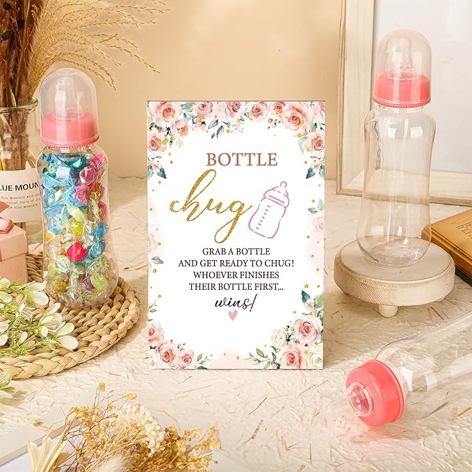 TrelaCo Floral Cool Baby Shower Games Bottle Chug Sign Wooden Floral Gift Sets Gender Reveal Party Favors and 12 Pcs Baby Bottle Shower Favor for Games Gender Reveal