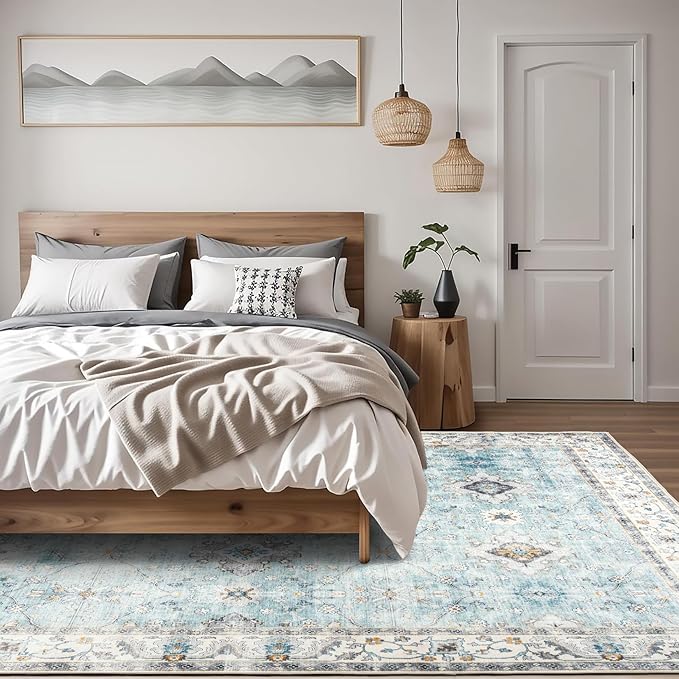 ReaLife Rugs Machine Washable Area Rug - Living Room Bedroom Bathroom Kitchen Entryway Office - Padded Low Pile Stain Resistant Premium - Boho Farmhouse Vintage - BEV - Blue Ivory 5' x 7'