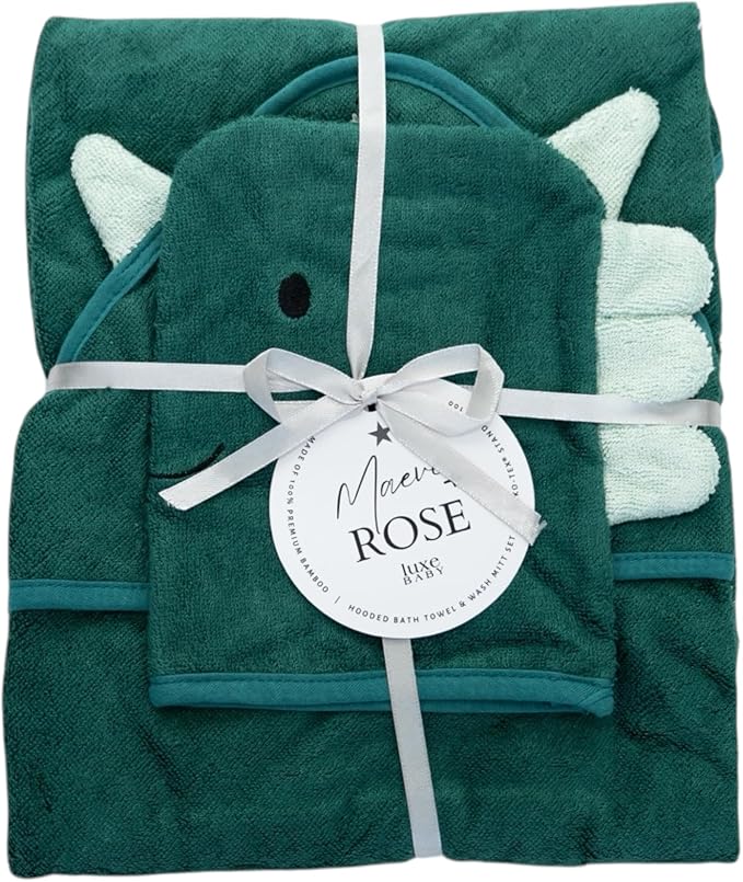 Hooded Baby Towel with Mitt - Ultra Soft Plush Bath Essential for Newborn, Infant & Toddler - Premium 30x30 Inch Large Absorbent Baby Bath Towels with Hood for Boys & Girls (Happy Dino)