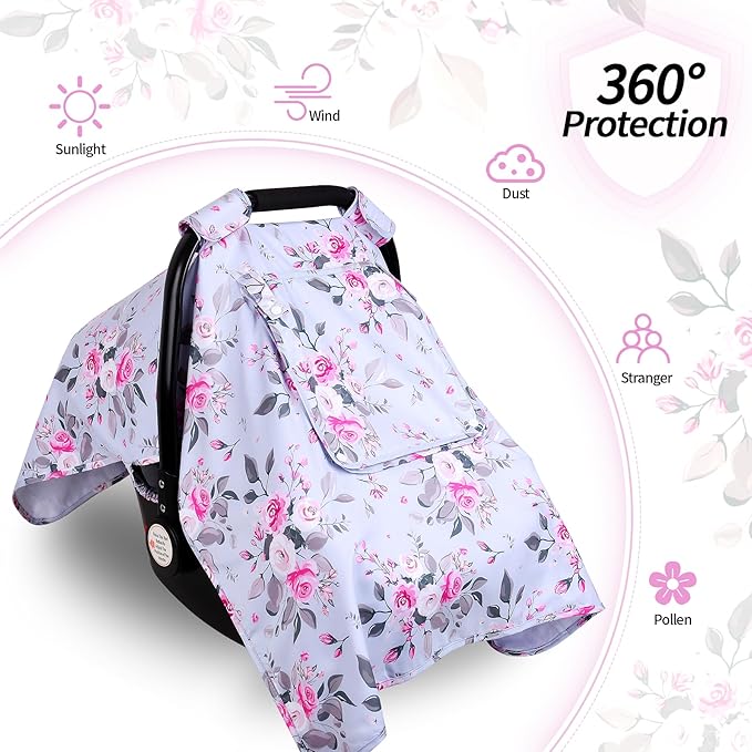Car Seat Cover Baby, Carseat Covers Baby with 2 Layers Breathable Windows, Windproof Infant Car Seat Cover, Kick-Proof Baby Carrier Cover for Baby Girl Newborn Essentials