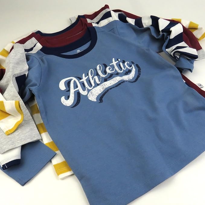 HonestBaby 5-Pack Long Sleeve T Shirts 100% Organic Cotton for Toddler, Little Kids Boys, Girls