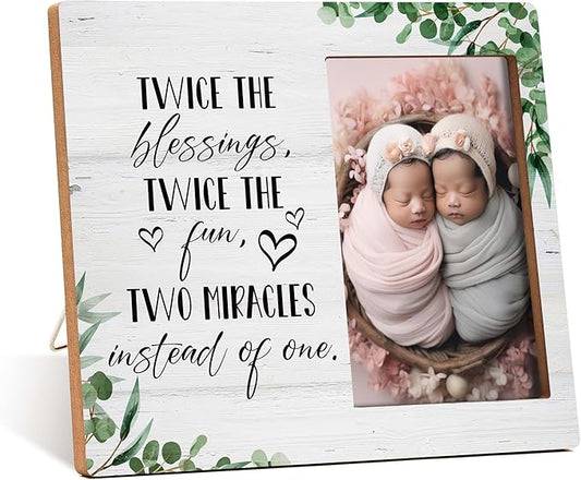 Twins Photo Frame - Twice The Blessings Twice The Fun Pregnancy Announcement Picture Frame - Baby Twin Gifts - Twin Boys Girls Gifts For Babies, Twins Gifts For Mom -B04