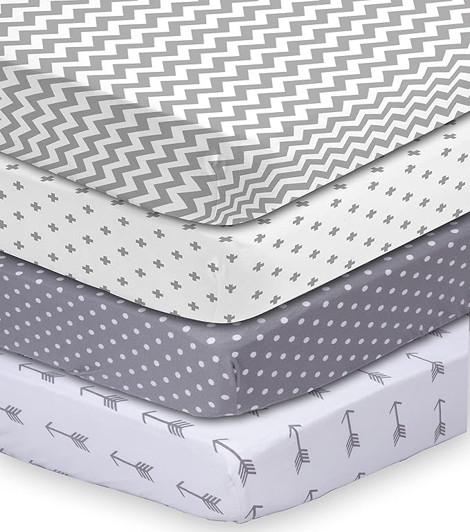 BaeBae Goods Premium Crib Sheets for Baby Boys and Girls, 4 Pack, Soft and Breathable Jersey Knit Fitted Sheet Set, Grey and White, Cute Gender Neutral Nursery Mattress Bedding, Universal Fit