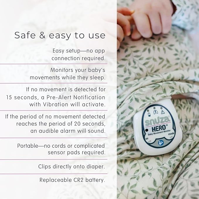 Snuza Hero Baby Monitor: Alerts When No Movement Detected, Gentle Vibration Pre-Alerts, Attaches to Nappy, No WiFi/Bluetooth, Medical Grade Material. Safer Sleep for Babies, Better Sleep for Parents.