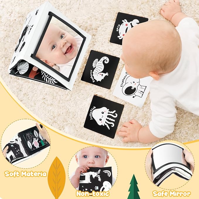 URMYWO Tummy Time Mirror Toys, High Contrast Black and White Baby Toys for Newborn, Baby Boy Girl Gifts, Visual Stimulation Learning Activity Cards, Soft Baby Book, Montessori Infant Toys 0-12 Months