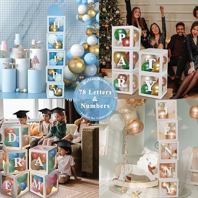 White Transparent Balloon Boxes, Clear Baby Boxes with 78 Letters for Custom Name, Balloon Box Blocks Backdrop for Bride Shower Baby Shower Birthday Boy Girl Gender Reveal Graduation Party Decor, 5PCS