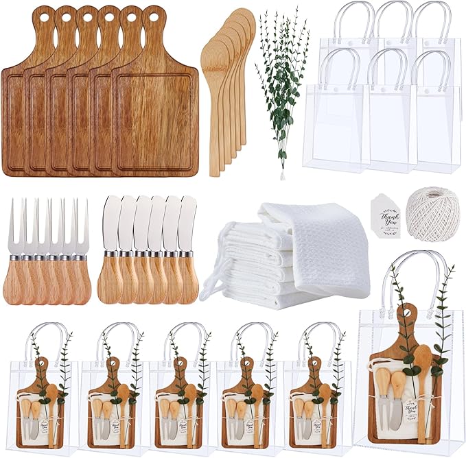 Baby Shower Prizes for Game Winners Bamboo Cheese Board Spoon Fork Butter Spreaders Plaid Towel Thank You Card and Gift Bags for Baby Shower Wedding Bridal Shower Favors (Acacia, 6 Sets)