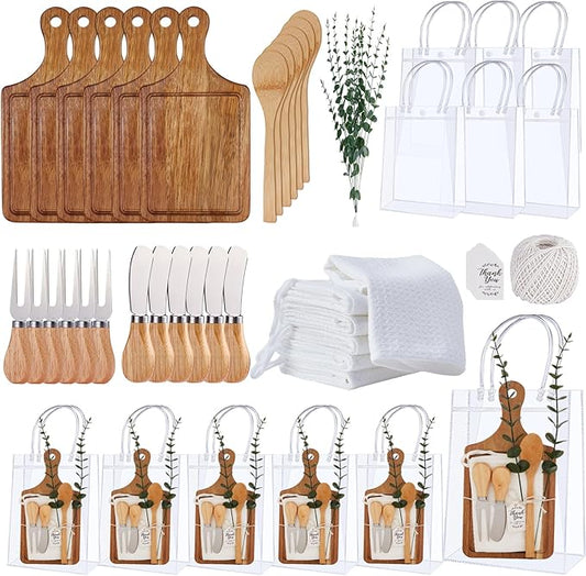 Baby Shower Prizes for Game Winners Bamboo Cheese Board Spoon Fork Butter Spreaders Plaid Towel Thank You Card and Gift Bags for Baby Shower Wedding Bridal Shower Favors (Acacia, 6 Sets)