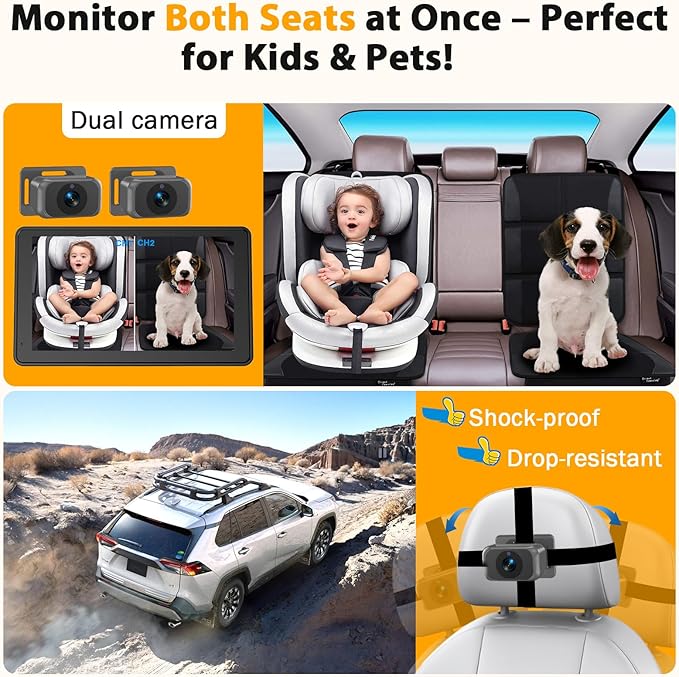 Baby Car Camera for 2 Kids - 7-Inch Split-Screen Monitor, Dual HD 1080P Cameras, Night Vision, 360° Rotatable, Easy Install Backseat Camera for Safety & Convenience - Perfect for Twins or Siblings