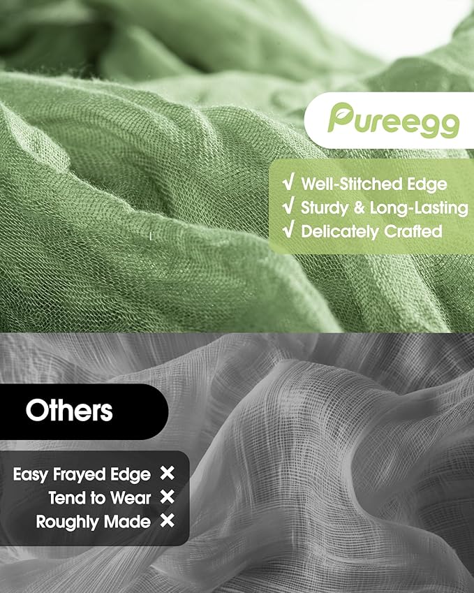 Pureegg 3-Pack Cheese Cloths Table Runner, 120'' Boho Table Cloth Decorations for Party, Baby Shower, Wedding and Farmhouse, Fabric Room Decor, Sage Green
