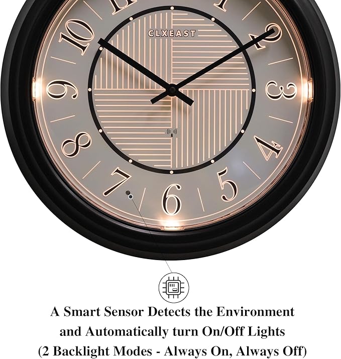 CLXEAST 14 Inch LED Illuminated Indoor Outdoor Atomic Analog Wall Clock Battery Operated, Glow in The Dark Wall Clock for Living Room, Home Office,Bathroom,Kitchen,Oil Rubbed Bronze Black Finish