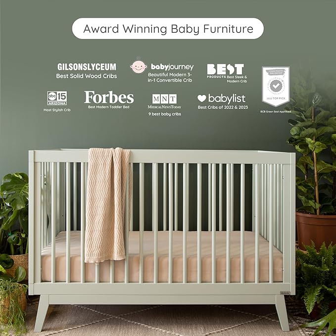 dadada Baby Soho 3 in 1 Convertible Wooden Crib to Toddler Bed - Made in Italy, GREENGUARD Gold Certified, Baby-Safe Finish, Sustainable Beech Wood, Modern Design, 3 Adjustable Heights (Sage)
