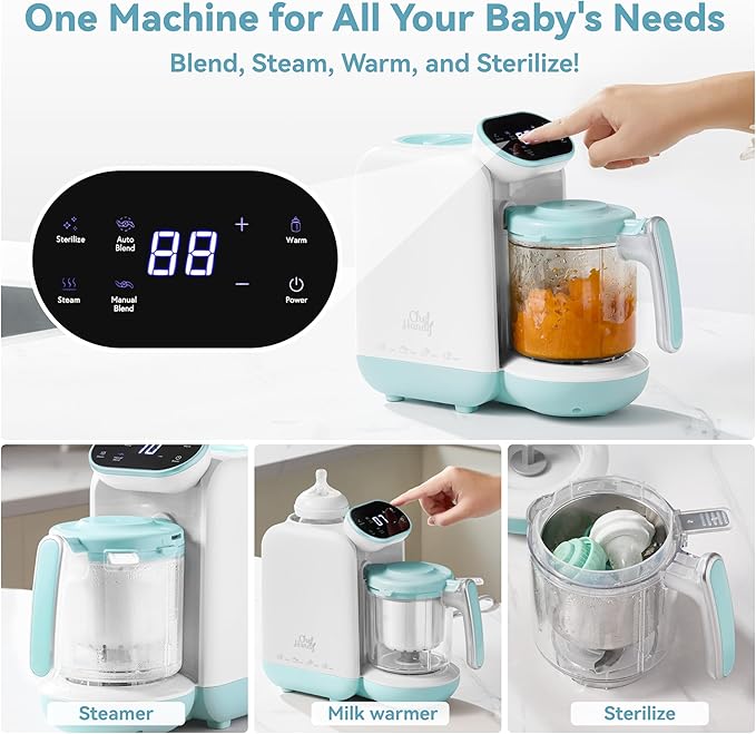 Chefhandy 5-in-1 Baby Food Maker with Steam Basket & Touch Screen | Baby Food Processor and Steamer | Auto Steam, Blend, Milk Warmer | Baby Steamer & Blender for Healthy Homemade(White Blue)