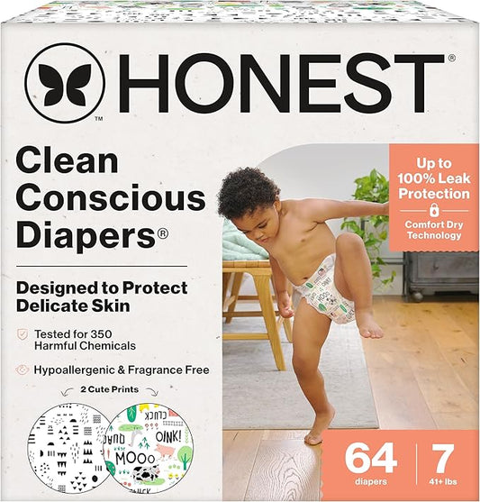 The Honest Company Clean Conscious Diapers for Delicate Skin | Up to 100% Leakproof | Hypoallergenic, Fragrance Free | Gender Neutral | Super Club Box, Size 7 (41+ lbs), 64 Count (Prints May Vary)