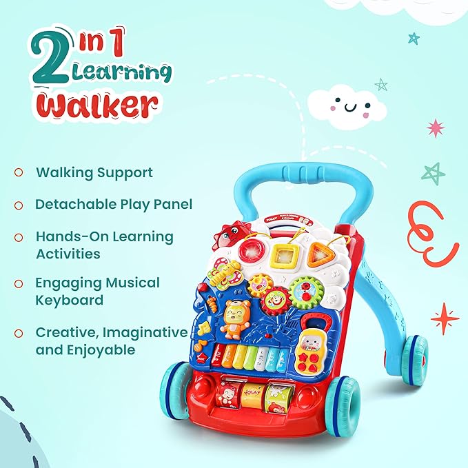 YOLAY Baby Walker Push with Wheels, Sit-to-Stand Walker for Baby Boy and Girl 6-12 Months with Detachable Play Panel, Stable Handle, Early Learning Activity for Kids - Blue