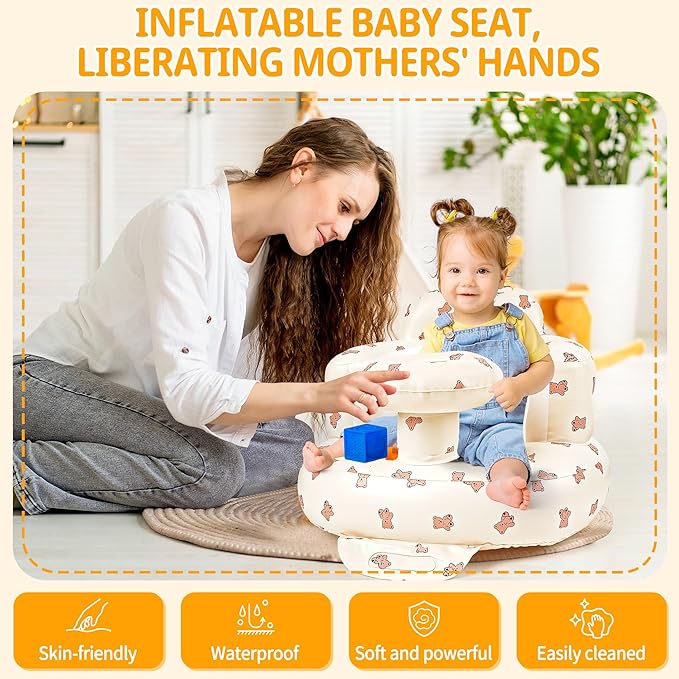 Inflatable Baby Seat with Tray, Comfortable Sit Me Up Baby Chair for Learning to Sit, Built in Air Pump Blow Up Floor Seat with Back Support 3 Months & Up (Biscuit Bear with Tray)