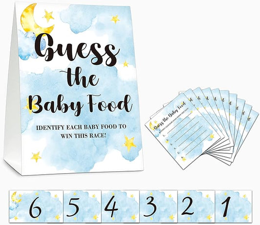 Baby Shower Game Set, Find The Baby Food Party Games(1 Standing Sign + 20 Answer Cards + 6 Number Cards), Moon and Stars Shower Games, Sleepover Gender Reveal Party Favor(A06)