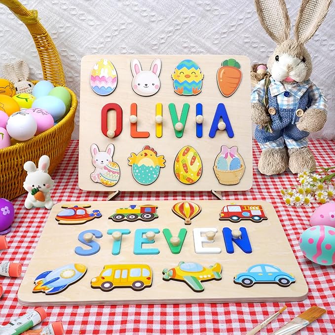 Personalized Name Puzzle for Kids, 1st Birthday Gifts for Girl Boy, Easter Basket Stuffers for Toddler, Custom Easter Christmas Baby Gifts, Toddler Learning Toys, Wooden Name Puzzles for Toddlers 1-3