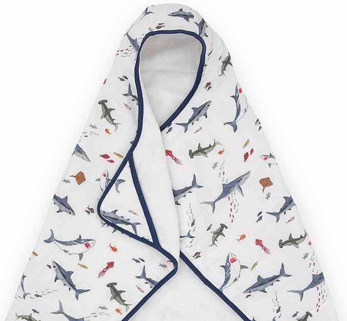 Little Unicorn Premium Hooded Bath Towel| Absorbent Cotton & Terry Blend | Larger Size, 1-6 Years (Shark)