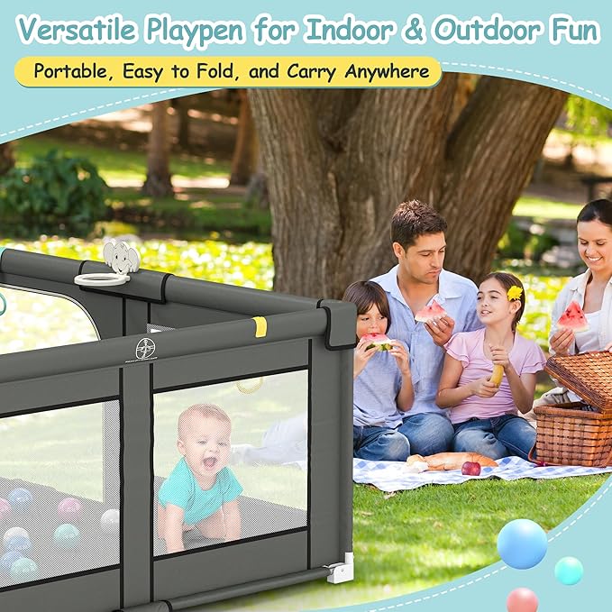 Foldable Playpen for Babies and Toddlers, 72" x 59" Extra Large Collapsible Play Pen with Basket, 4 Handlers & 50 Ocean Balls, Portable Travel Play Yard with Carry Bag, No Installation, Grey