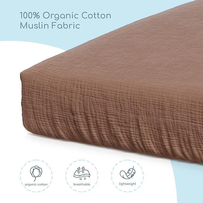 Muslin Crib Sheets, 100% Organic Cotton, Breathable and Ultra-Soft, Standard Crib Sheet Mattress (28"x 52") for Girls and Boys, Neutral Fitted Baby Crib Sheet (Brown)