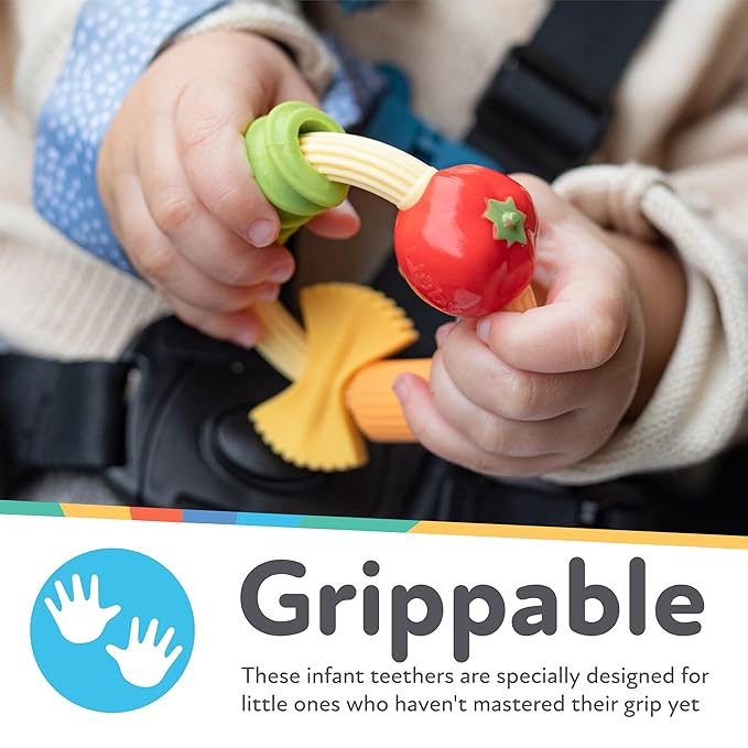 Nuby Pasta Ring Teether - Soft Silicone, Multi-Textured Surface, Easy Grip, Teething Relief for Babies 3+ Months