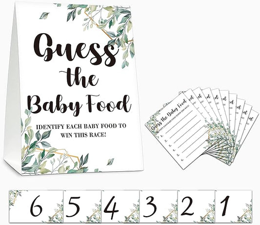 Baby Shower Game Set, Find The Baby Food Party Games(1 Standing Sign + 20 Answer Cards + 6 Number Cards), Neutral Greenery Shower Games, Eucalyptus Gender Reveal Party Favor Decor(A01)