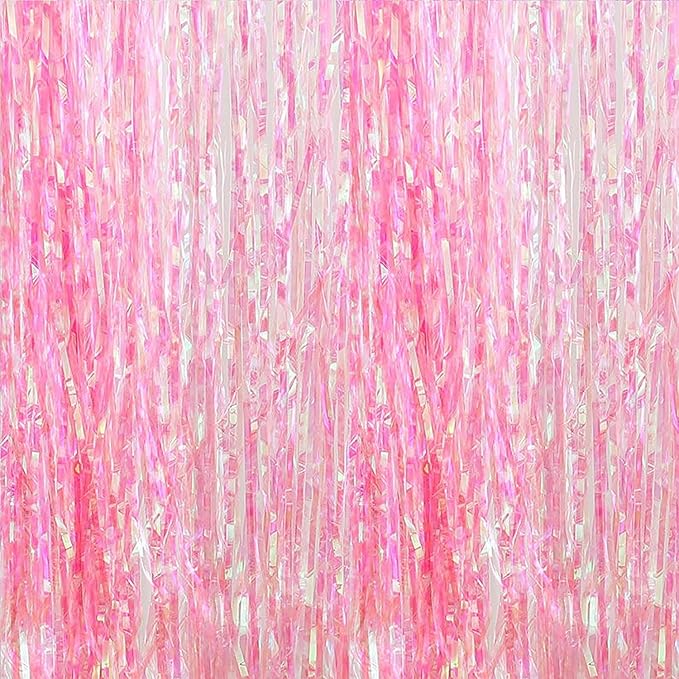 BRAVESHINE Clear Pink Streamers Party Decorations Iridescent Foil Fringe Backdrop - 2 Pack 3.2 x 6.5 ft Holographic Tinsel Curtain Party Photo Backdrop for Valentine’s Girl Birthdays Engagement Decor