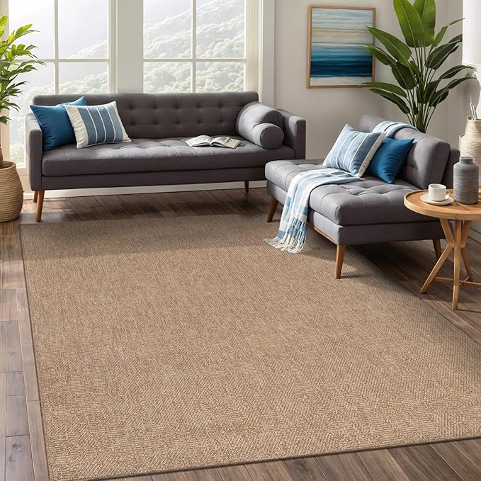 Beverly Rug Easy Jute Natural Rug 5x7 Solid Washable Durable Outdoor Indoor Area Rugs for Living Dining Room Patio Office Stain Resistant Non Shedding Casual Indoor Outside Carpet 5 x 7 Natural