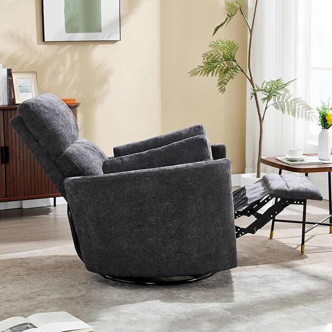 Recliner 360°Swivel Glider Rocking Chair,Upholstered Nursery Multifunction Rocking Chair with High Back, Adult Recliner Chair with 2 Pillows for Living Room Bedroom(DRAKGREY, Manual Operation)