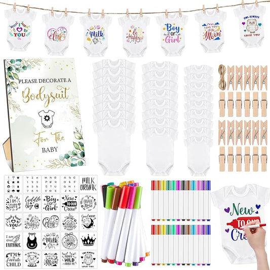 Panitay 126 Pcs Baby Shower DIY Bodysuit Set Rustic Kraft Baby Shower Game Sign DIY Bib 25 Blank White Newborn Bodysuit 25 Stencils 24 Marker 1 Sign 50 Pins for Gender Reveal(Greenery)