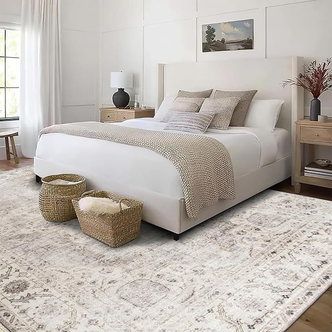 ReaLife Rugs Machine Washable Area Rug - Living Room Bedroom Bathroom Kitchen Entryway Office - Padded Low Pile Stain Resistant Premium - Boho Farmhouse Vintage - Joy - Beige Ivory 7'6" x 9'6"