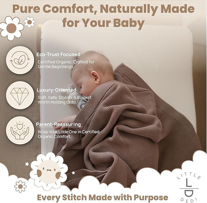 100% Organic Cotton Baby Knitted Blanket with Gift Box - Soft Toddler, Crib, Stroller Blanket - Neutral Swaddle and Receiving Blanket for Newborns, 30"x40", Mocha Meringue