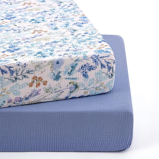 TILLYOU 2 Pack Muslin Crib Sheets for Boys and Girls, 100% Cotton Fitted Crib Sheet for Toddler 52"x28" Standard Crib Mattress, Blue Flower