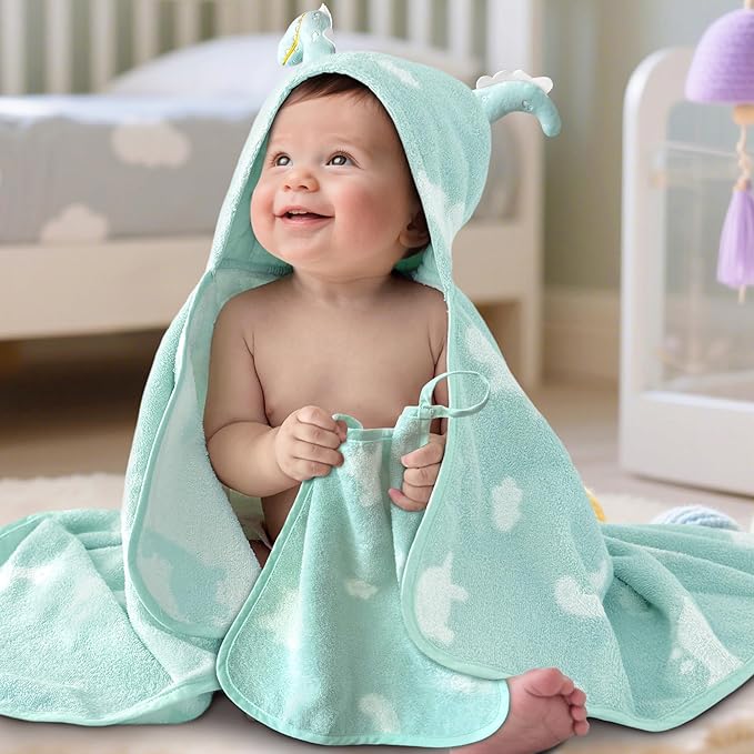 VOOVA & MOVAS Baby Hooded Bath Towel - 100% Cotton, 35.5x24 Inches,0-3Years, Super Absorbent Large Hood with Cute Dino for Newborn, Baby, Toddler,Dino