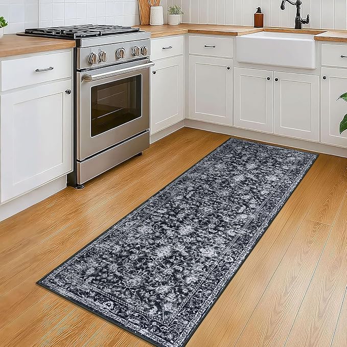 KILOCOCO Washable Runner 2x5 Rug Runner Printed Vintage Floral Kitchen Runners Non-Slip Rubber Backed Runners for Hallways Distressed Thin Soft Rugs for Entryway Laundry Room, Black/White