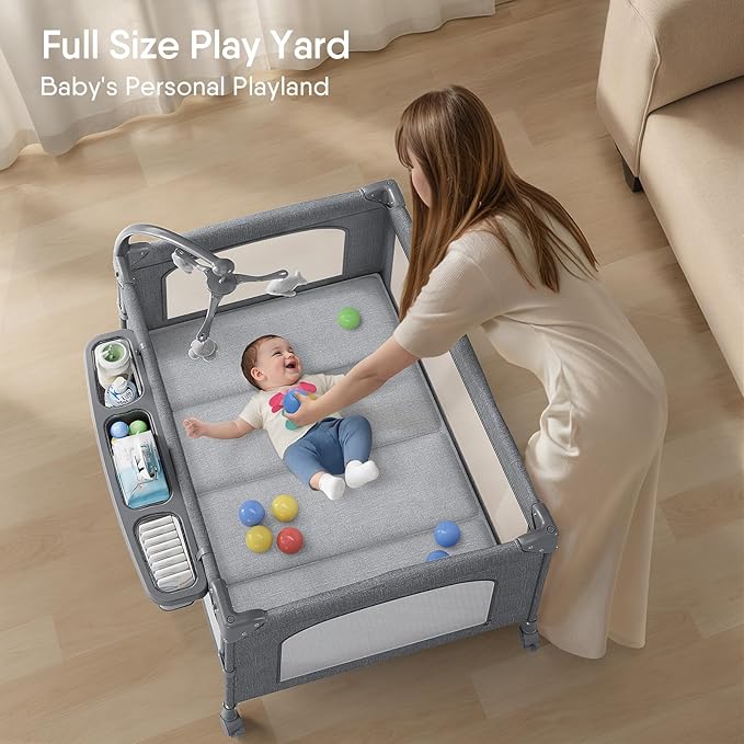 4 in 1 Baby Bassinet, Pack and Play, Bedside Crib Sleeper, Diaper Changer, Quickly Assembled and Folded Portable Crib with Mattress and Mosquito Net, Easy to Carry