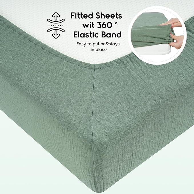 Yoofoss Muslin Crib Sheets for Boys Girls 100% Cotton Fitted Baby Crib Sheet 2 Pack Soft and Breathable for Standard Crib Mattress & Toddler Mattress 52"x28" Apricot&Green