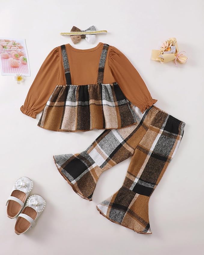 Kucnuzki Toddler Baby Girl Clothes Outfit Long Sleeve Plaid T Shirt Top Flare Leggings Pants 2 Piece Outfit Kids Clothes