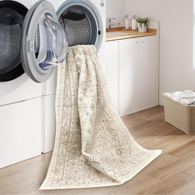 zesthome 4x6 Rug - Stain Resistant Washable Rug, Anti Slip Backing Rugs for Living Room, Foldable Vintage Small Area Rugs (Cream/Beige,4'x6')