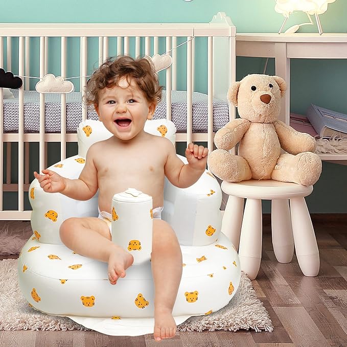 Inflatable Baby Chair, Inflatable Baby Seat for Babies 3 Months and Up, Summer Blow Up Chair with Built in Air Pump, Bumbo Seat for Learning to Sit, Palying, Camping, Tiger