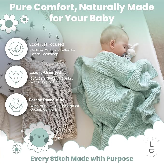 100% Organic Cotton Baby Knitted Blanket with Gift Box - Soft Toddler, Crib, Stroller Blanket - Neutral Swaddle and Receiving Blanket for Newborns, 30"x40", Sage