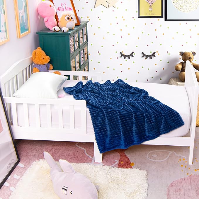 NTBAY Plush Soft Flannel Baby Blanket, Warm and Cozy Unisex Toddler Blanket with Stripe Pattern for Stroller, Crib, Travel, 30x40 Inches, Navy Blue