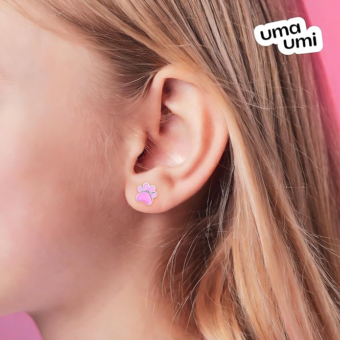 925 Sterling Silver Paw Pink Stud Earrings for Girls Hypoallergenic Safety Screw Back Rhodium Plated - Paw Pink Gifts Earrings for Baby Toddlers Little Teens Kids Jewelry