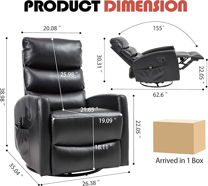 Manual Swivel Rocker Recliner Chair with Massage, Overstuffed Recliner Glider with Vibration Massage and Heat for Nursery, Living Room Reclining Sofa Chair, PU Leather Black