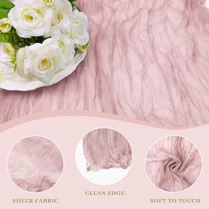 Le courant 6pcs 10Ft Cheesecloth Table Runner, Rustic Boho Gauze Cheese Cloth Runner Table Runner for Weddings Bridal Baby Shower Birthday Holiday Parties Home Decor, Dusty Pink