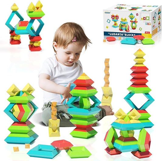 Montessori Toys for Ages 3 4 5 6 Toddlers Kids Baby,Pyramid Stacking Building Toys,3D Preschool Learning Blocks for Kids,STEM Sensory Toy Gifts for 2-4 Year Old Boy Girl,Plastic Storage Bag Set
