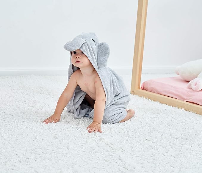 HIPHOP PANDA Hooded Towel - Rayon Made from Bamboo, Bath Towel with Bear Ears for Newborn, Babie, Toddler, Infant - Absorbent Large Baby Towel - Grey Elephant, 37.5 x 37.5 Inch