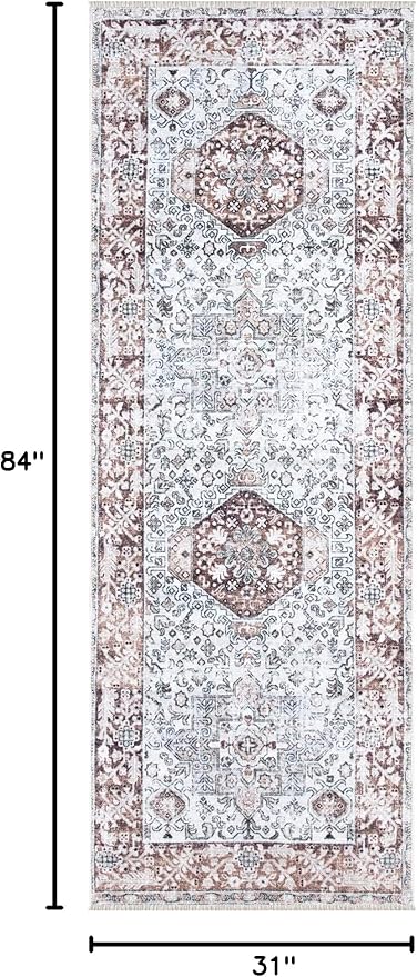 Bloom Rugs Caria Washable Non-Slip 7 ft Runner - Beige/Brown Traditional Runner for Entryway, Hallway, Bathroom, and Kitchen - Exact Size: 2'6" x 7'