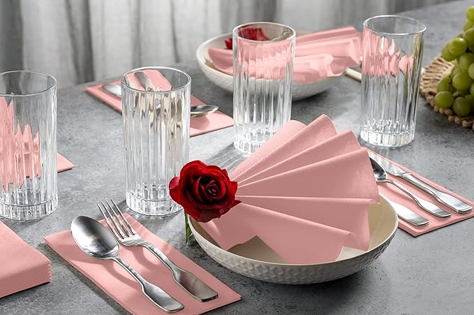 Linen-Feel Colored Paper Napkins - Decortive Cloth-Like Mellow Rose Dinner Napkins - Soft And Absorbent. For Kitchen, Party, Wedding, Bathroom Or Any Occasion. (Pack of 100)